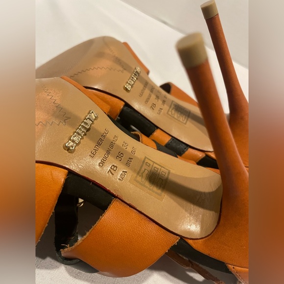 SCHUTZ Cage T Strap Studded Buckle Leather Tan Black Heels Women’s 7 - Picture 9 of 10